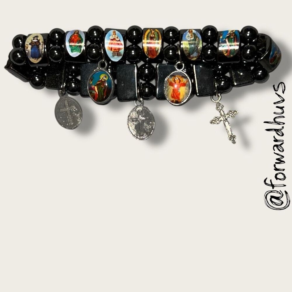 Bundle Sale 3 for $15 | Hematite Religious Stretch Bracelet – 5 Matching Charms